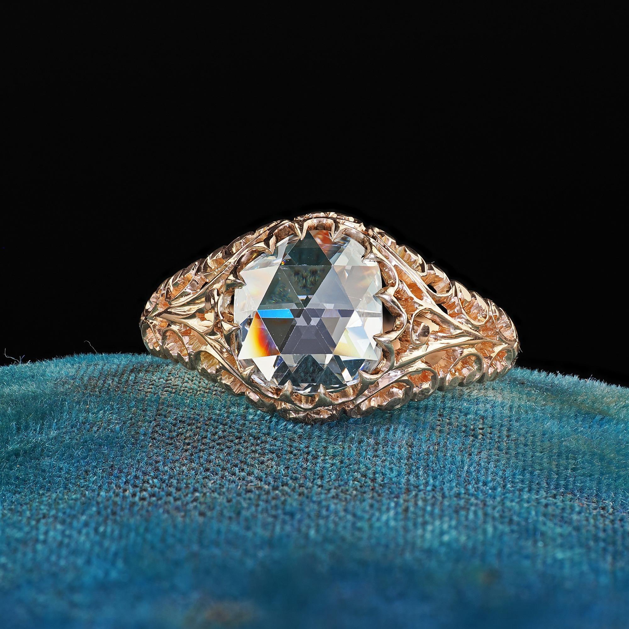 Antique Victorian 14K Rose Gold Rose Cut Diamond Filigree Engagement Ring - GIA en venta