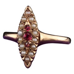 Antique Victorian 14K Rose Gold Ruby and Seed Pearl Navette Ring