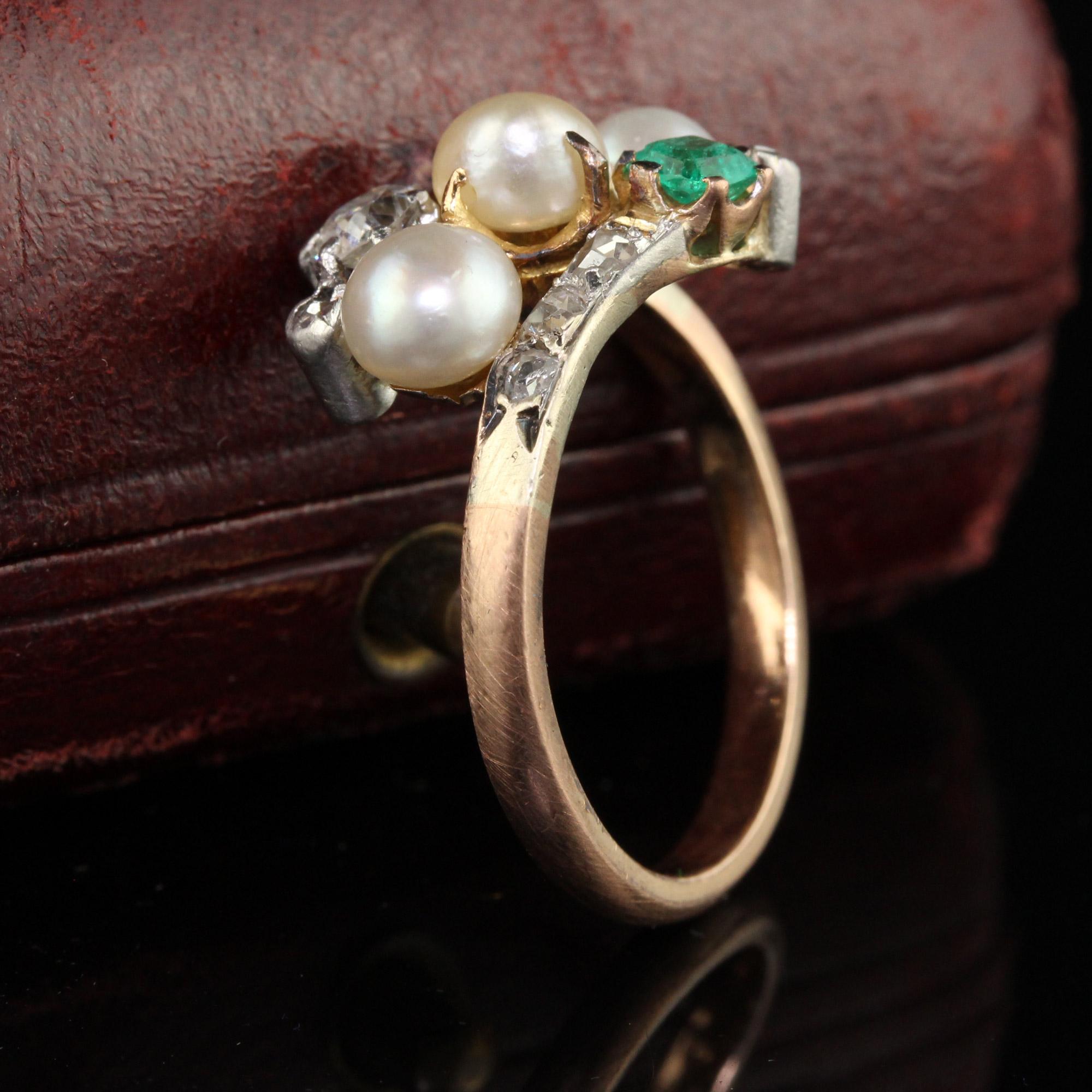 Rose Cut Antique Victorian 14k Rose Gold Silver Old Mine Pearl Emerald Cocktail Ring For Sale