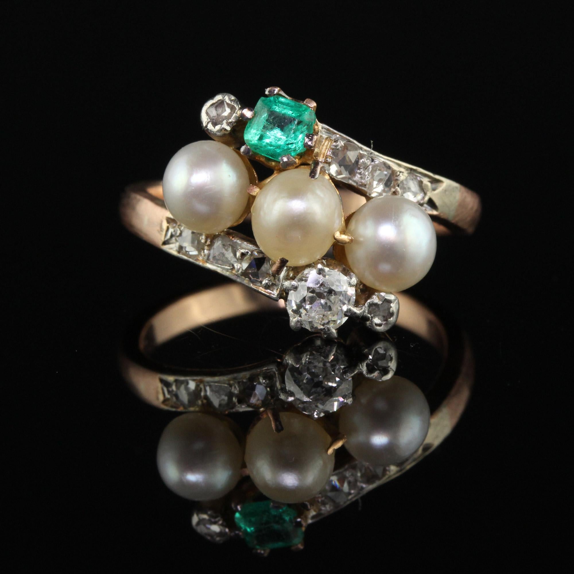 Antique Victorian 14k Rose Gold Silver Old Mine Pearl Emerald Cocktail Ring In Good Condition For Sale In Great Neck, NY