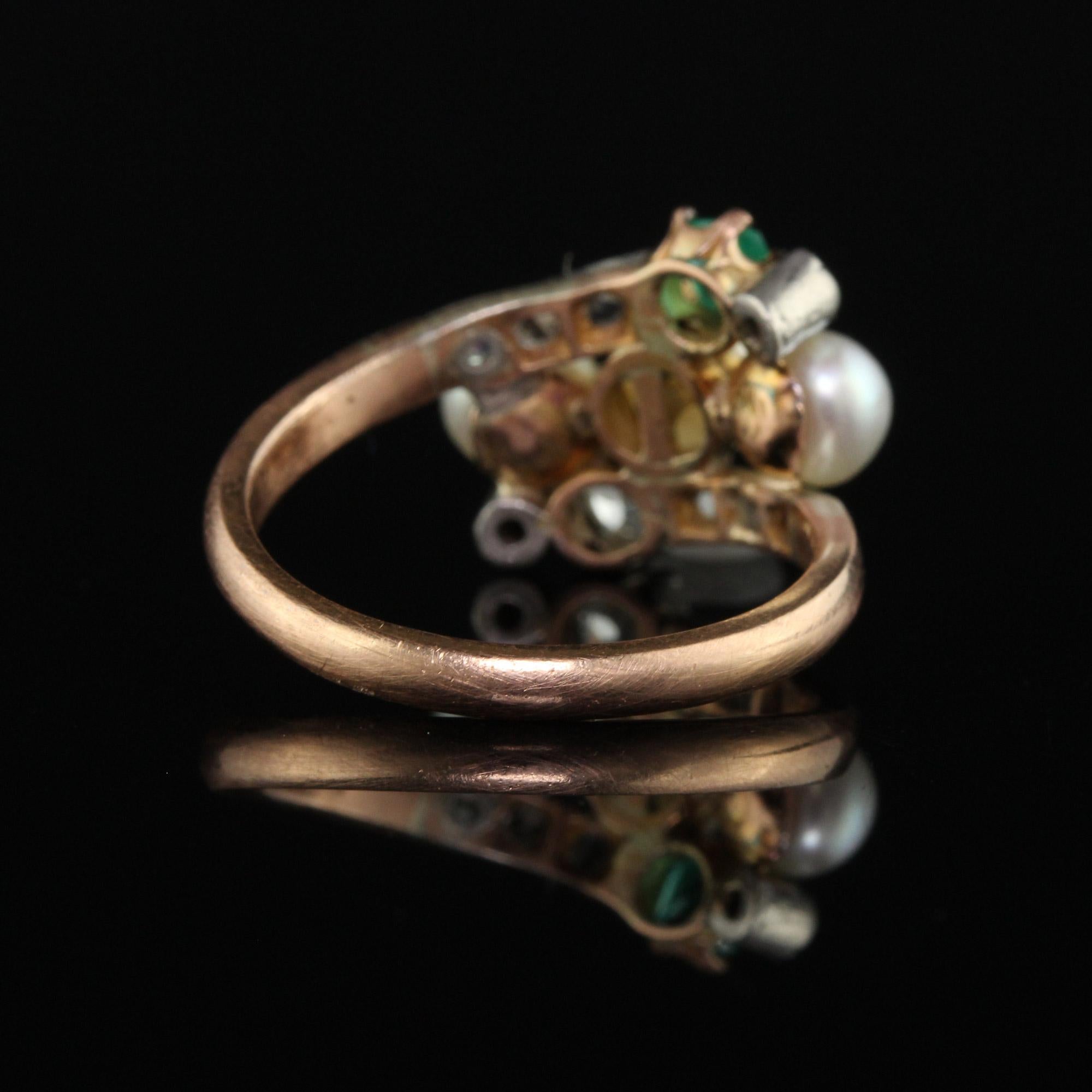 Women's Antique Victorian 14k Rose Gold Silver Old Mine Pearl Emerald Cocktail Ring For Sale