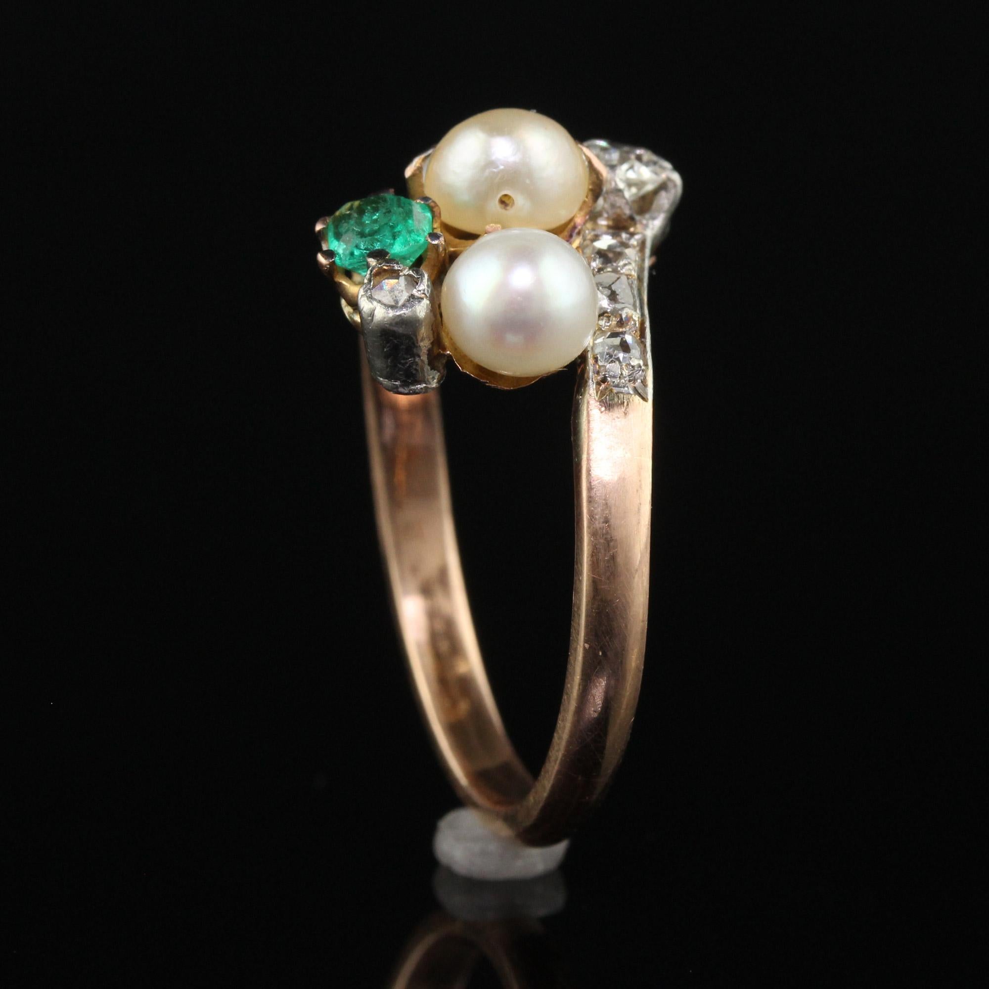 Antique Victorian 14k Rose Gold Silver Old Mine Pearl Emerald Cocktail Ring For Sale 1