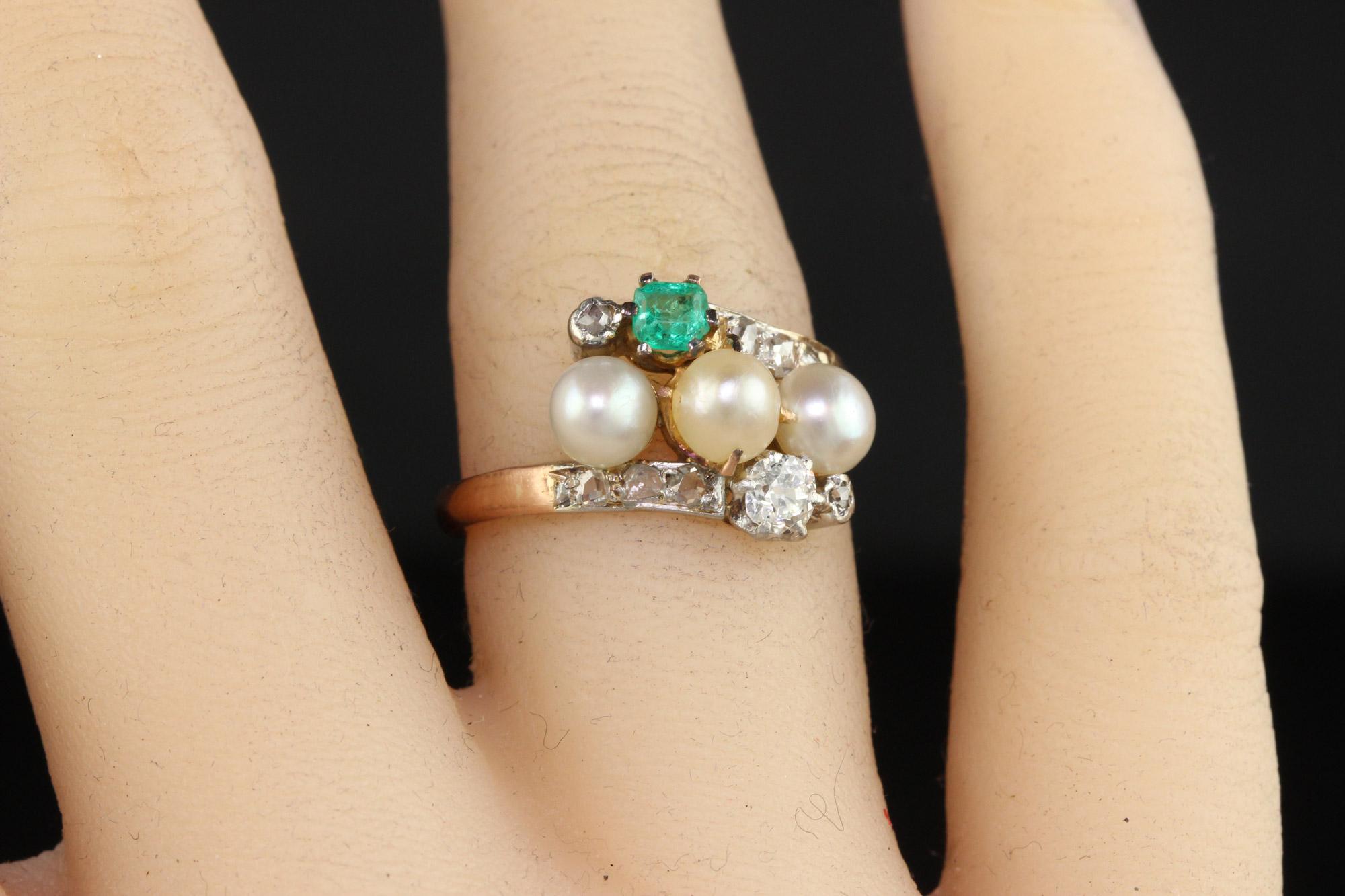 Antique Victorian 14k Rose Gold Silver Old Mine Pearl Emerald Cocktail Ring For Sale 2