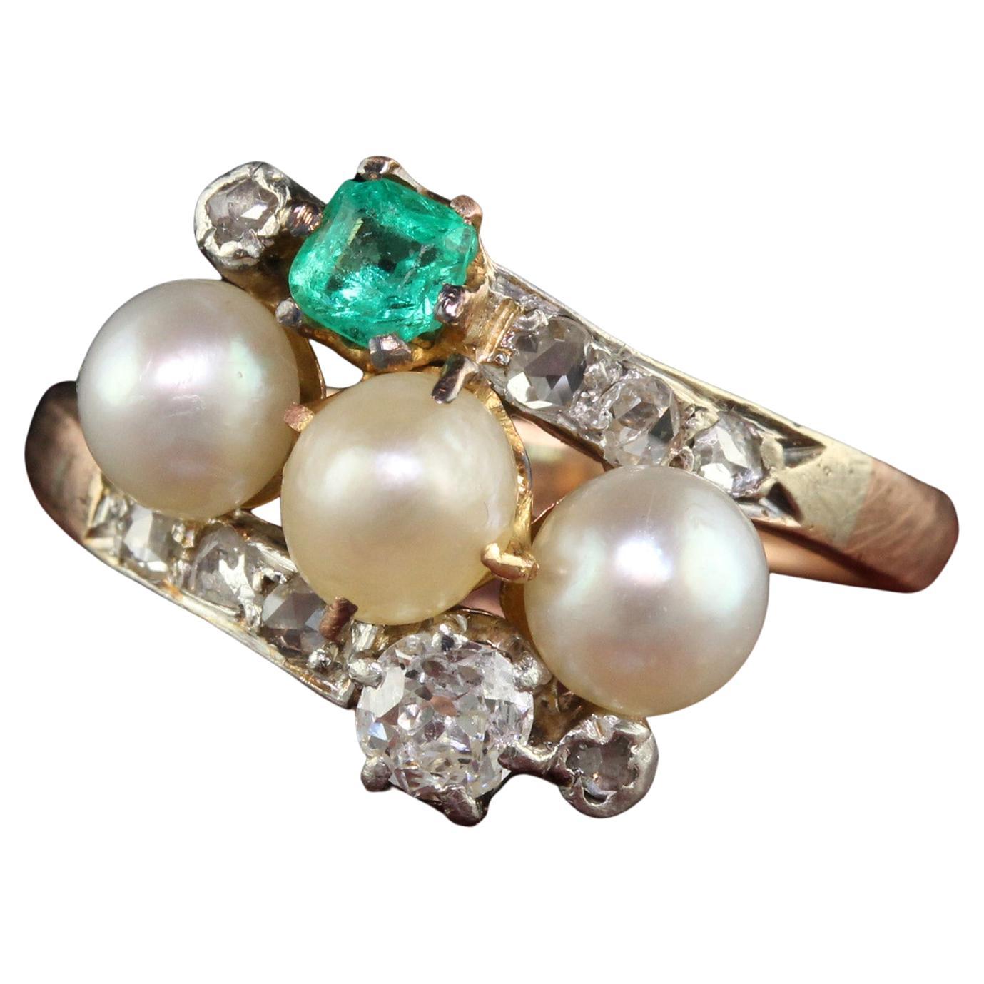 Antique Victorian 14k Rose Gold Silver Old Mine Pearl Emerald Cocktail Ring For Sale