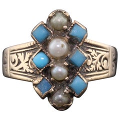 Antique Victorian 14 Karat Rose Gold Turquoise and Seed Pearl Ring