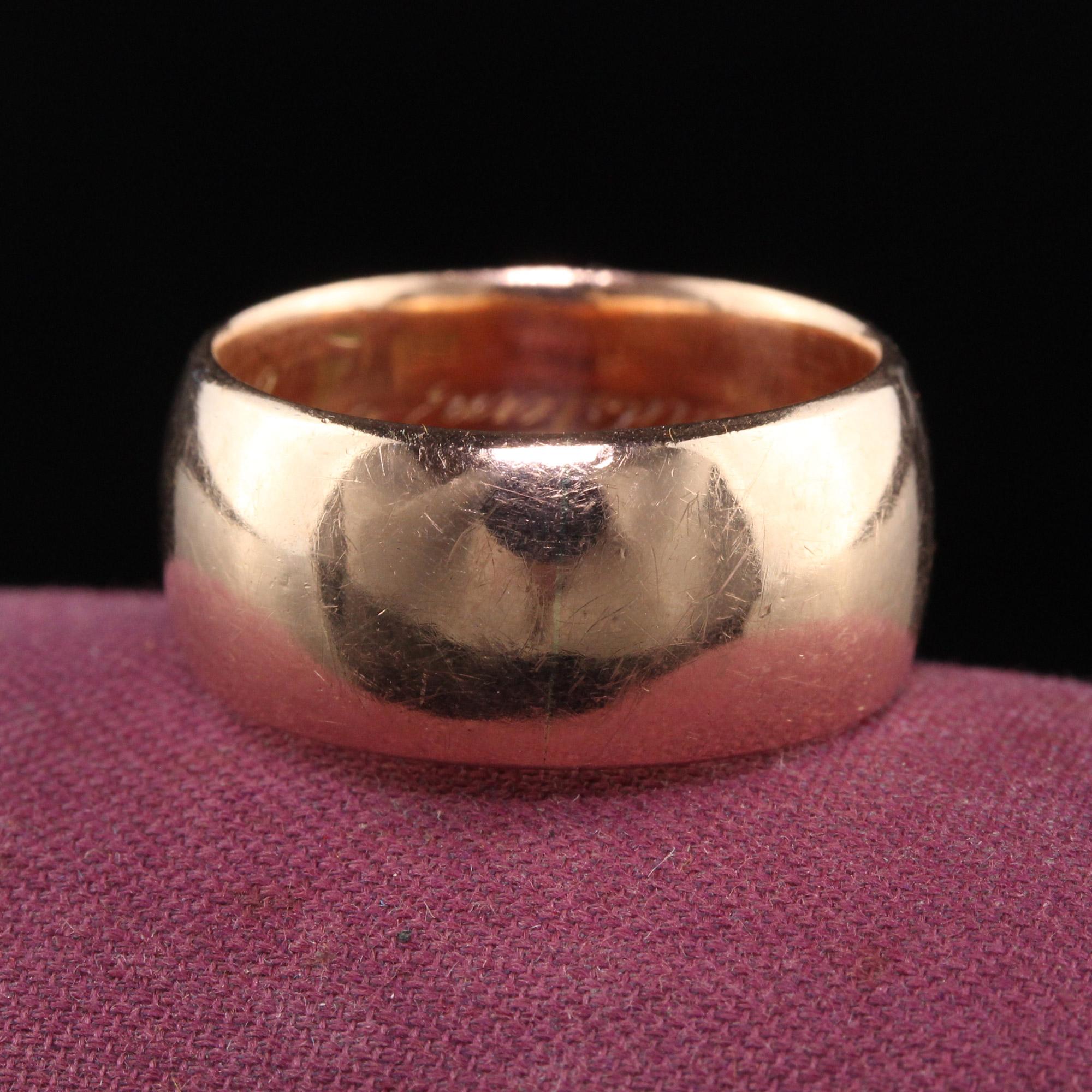 Beautiful Antique Victorian 14K Rose Gold Wide Engraved Wedding Band. This incredible wedding band is crafted in 14K rose gold and is very wide. The inside of the ring is engraved 