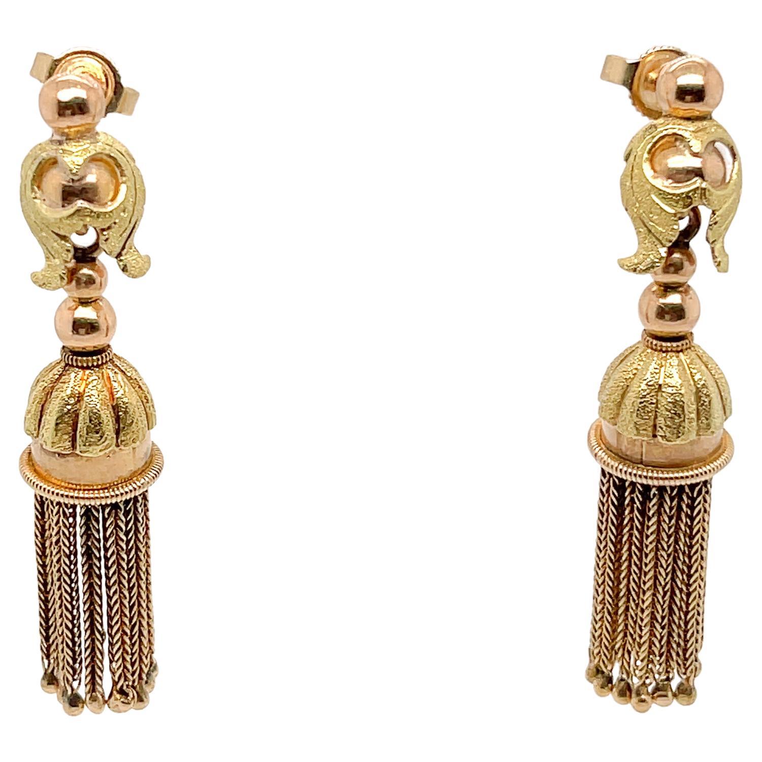 Antique Victorian 14K Rose & Yellow Gold Tassel Earrings  In Good Condition In Philadelphia, PA