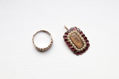 Antique Victorian 14k Rosegold Garnet and Seed Pearl ring and Hair pendant