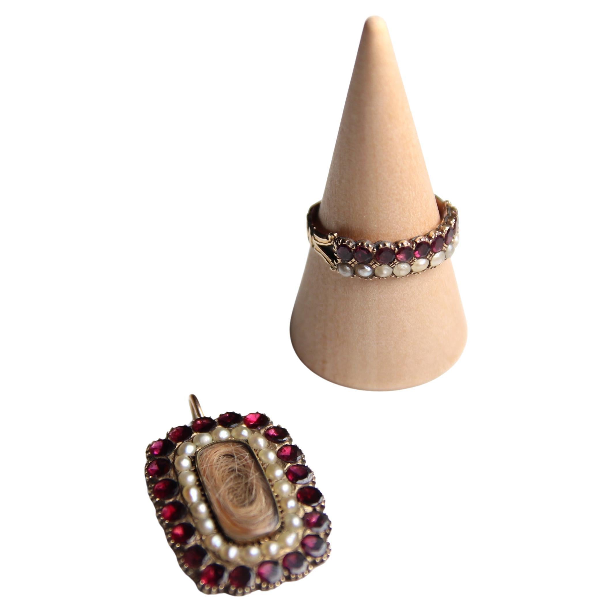 Antique Victorian 14k Rosegold Garnet and Seed Pearl ring and Hair pendant For Sale