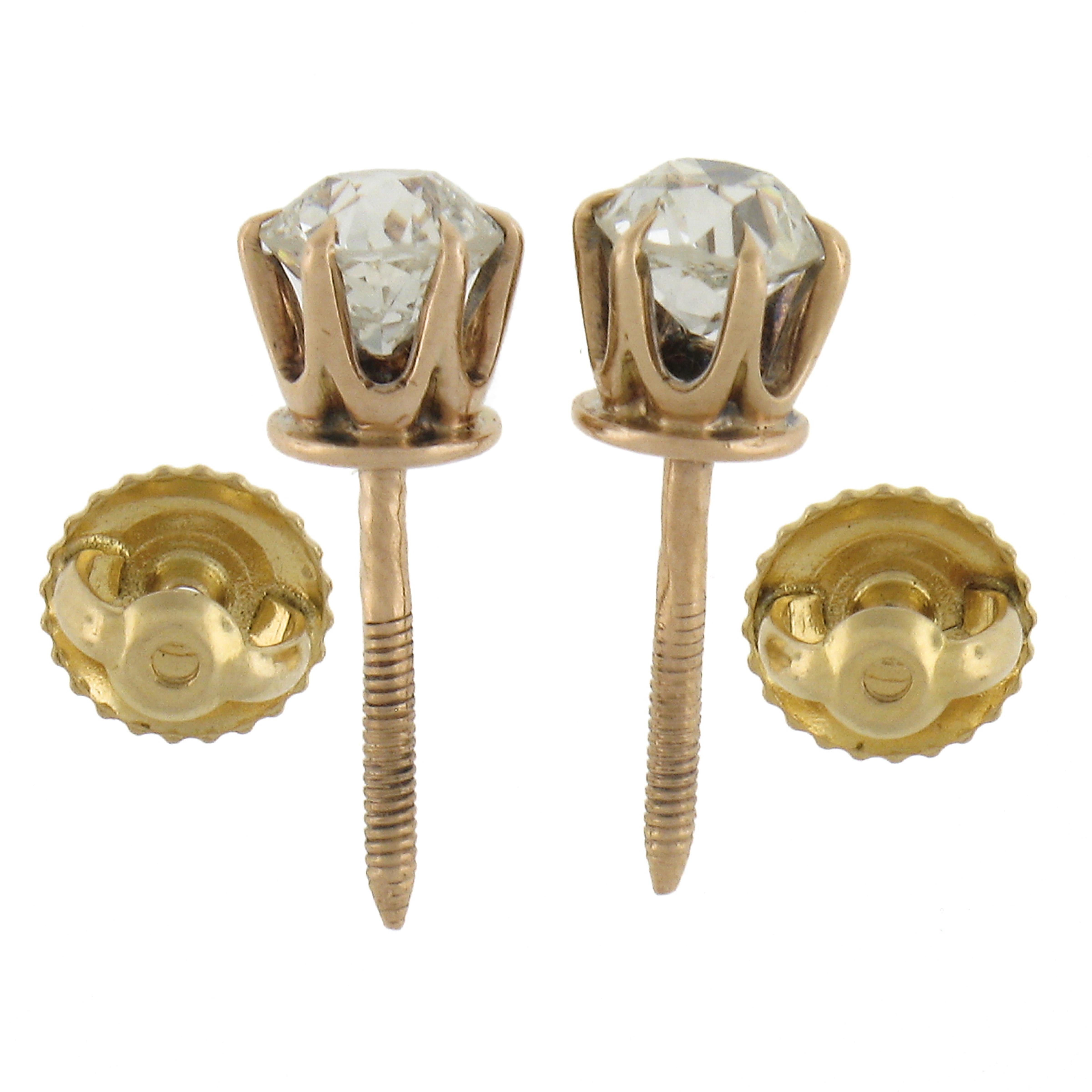 Antique Victorian 14k Rosy Gold 0.60ctw Old Mine Cut Diamond Stud Earrings In Excellent Condition For Sale In Montclair, NJ