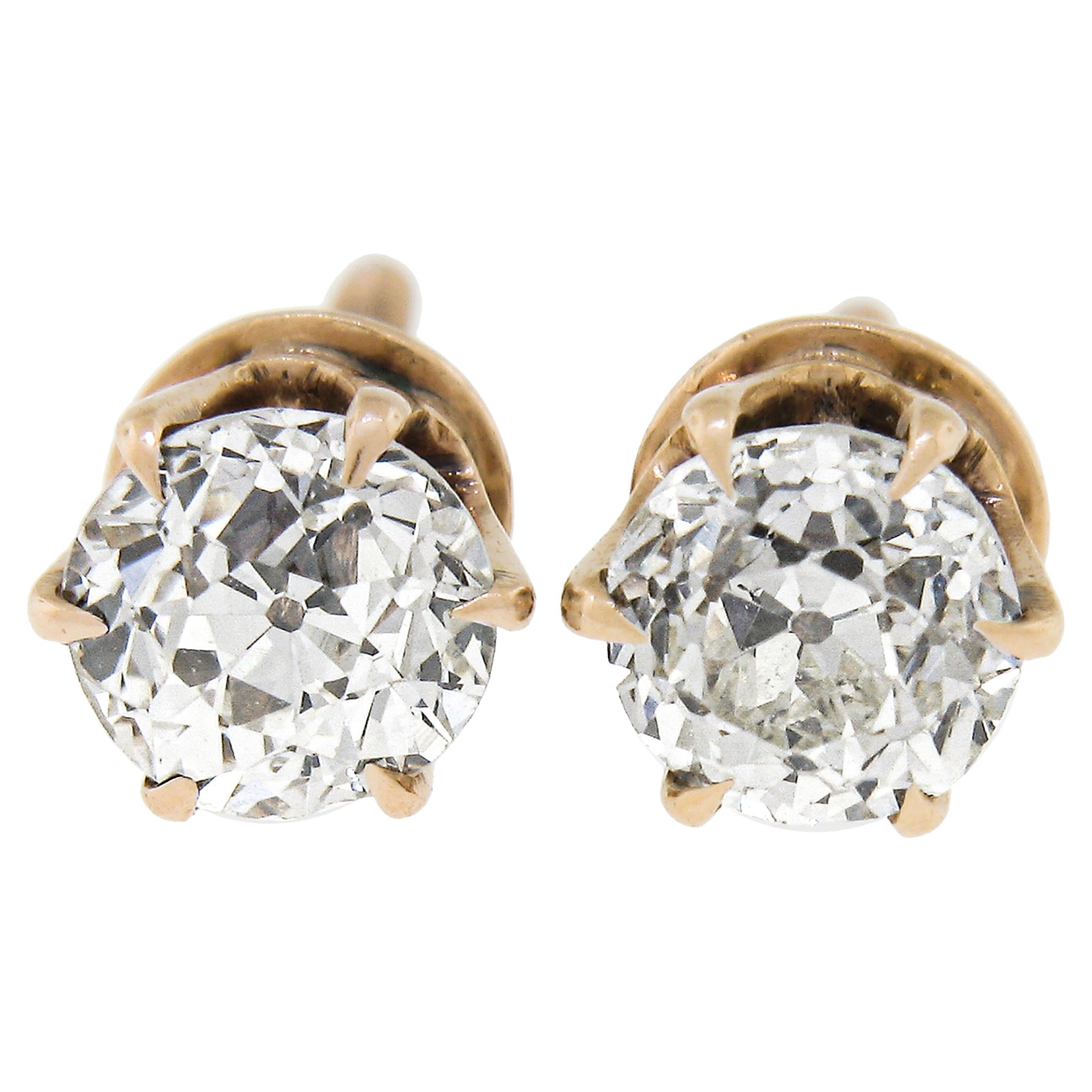 Antique Victorian 14k Rosy Gold 0.60ctw Old Mine Cut Diamond Stud Earrings