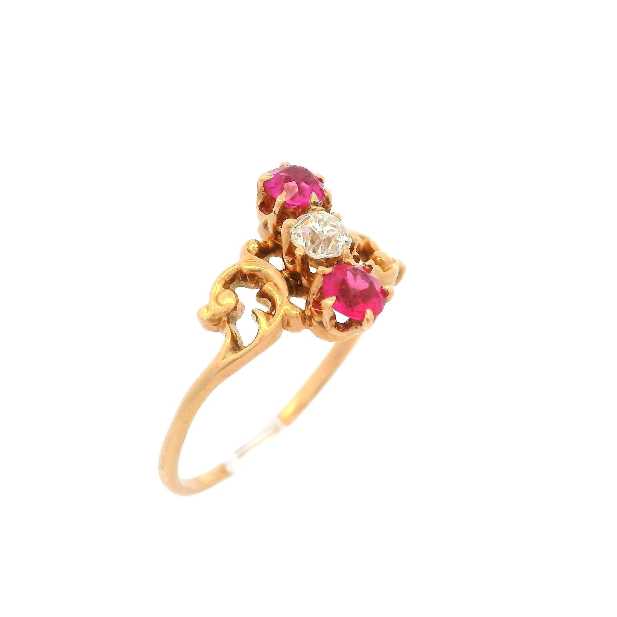 Old Mine Cut Antique Victorian 14k Rosy Yellow Gold Diamond Three Stone Ring ALL ORIGINAL For Sale