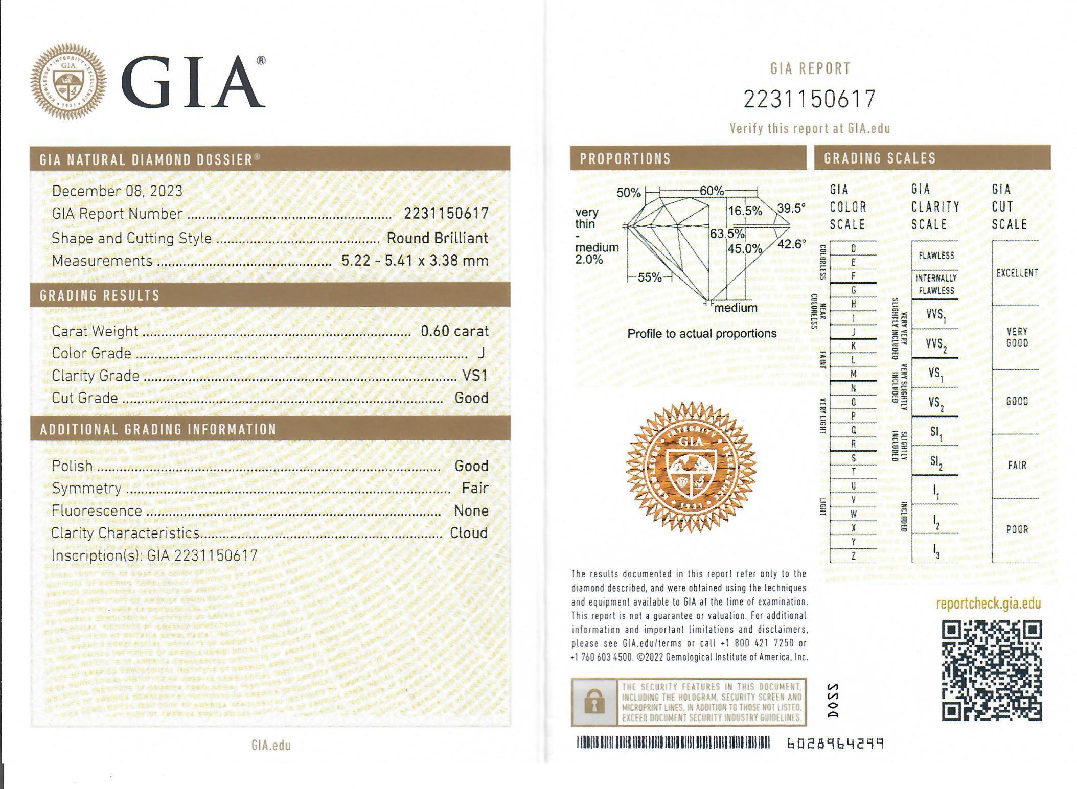 -- Stone(s) --
(1) Natural Genuine Diamond - Old European Cut - Multi Prong Set - J Color - VS1 Clarity - 0.60ct (exact, certified) * See Certification Details Below*
Total Carat Weight: 0.60 (exact)

Material: Solid 14k Rosy Yellow Gold
Weight: