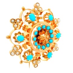 Broche victorienne ancienne en or jaune rosé 14 carats, perles et turquoise à fleurs