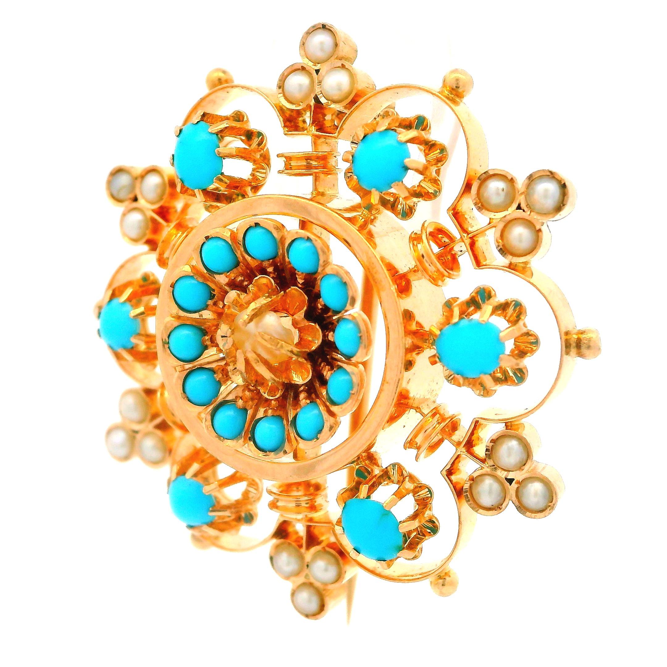 Round Cut Antique Victorian 14k Rosy Yellow Gold Pearls & Turquoise Floral Pin Brooch For Sale