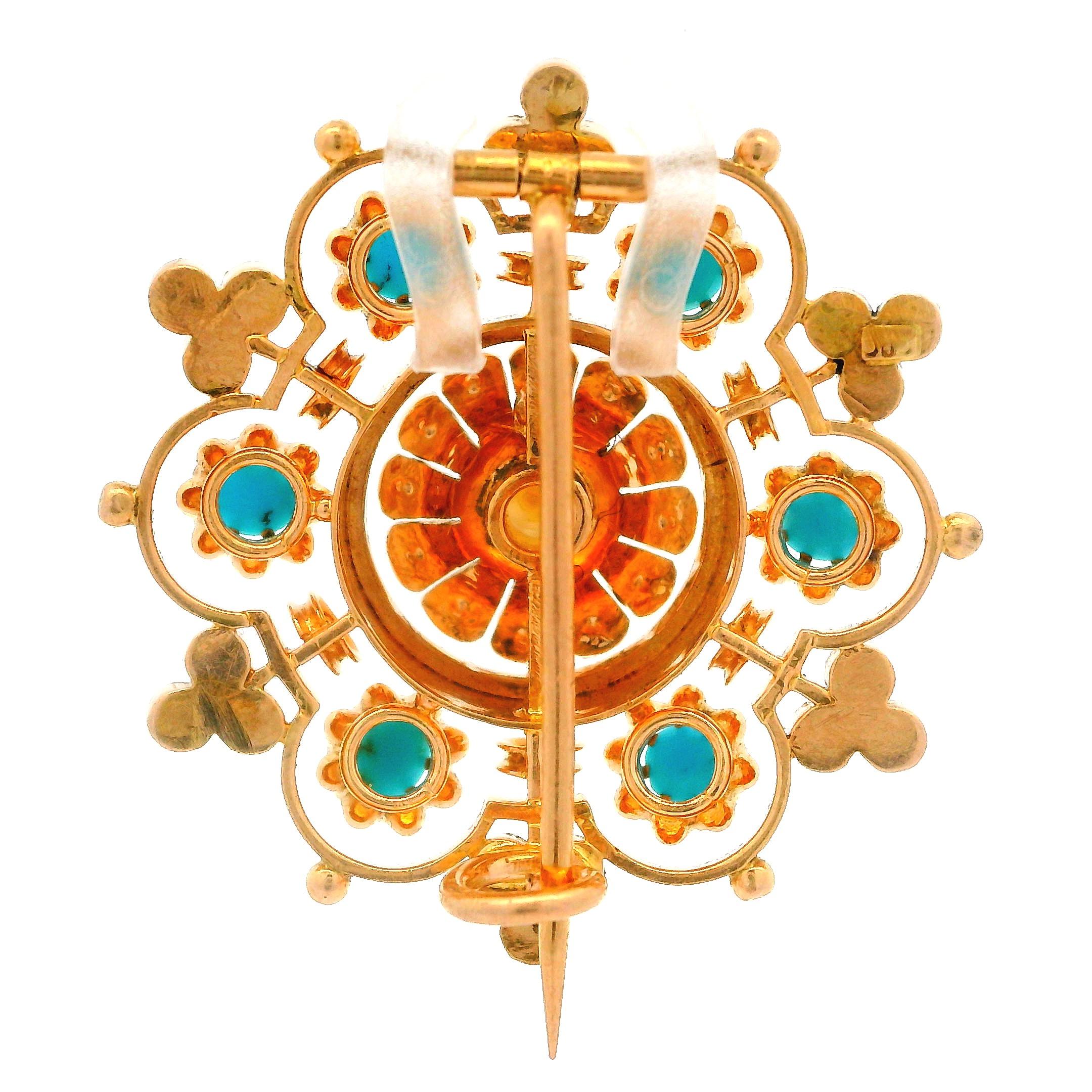 Antique Victorian 14k Rosy Yellow Gold Pearls & Turquoise Floral Pin Brooch In Excellent Condition For Sale In Montclair, NJ