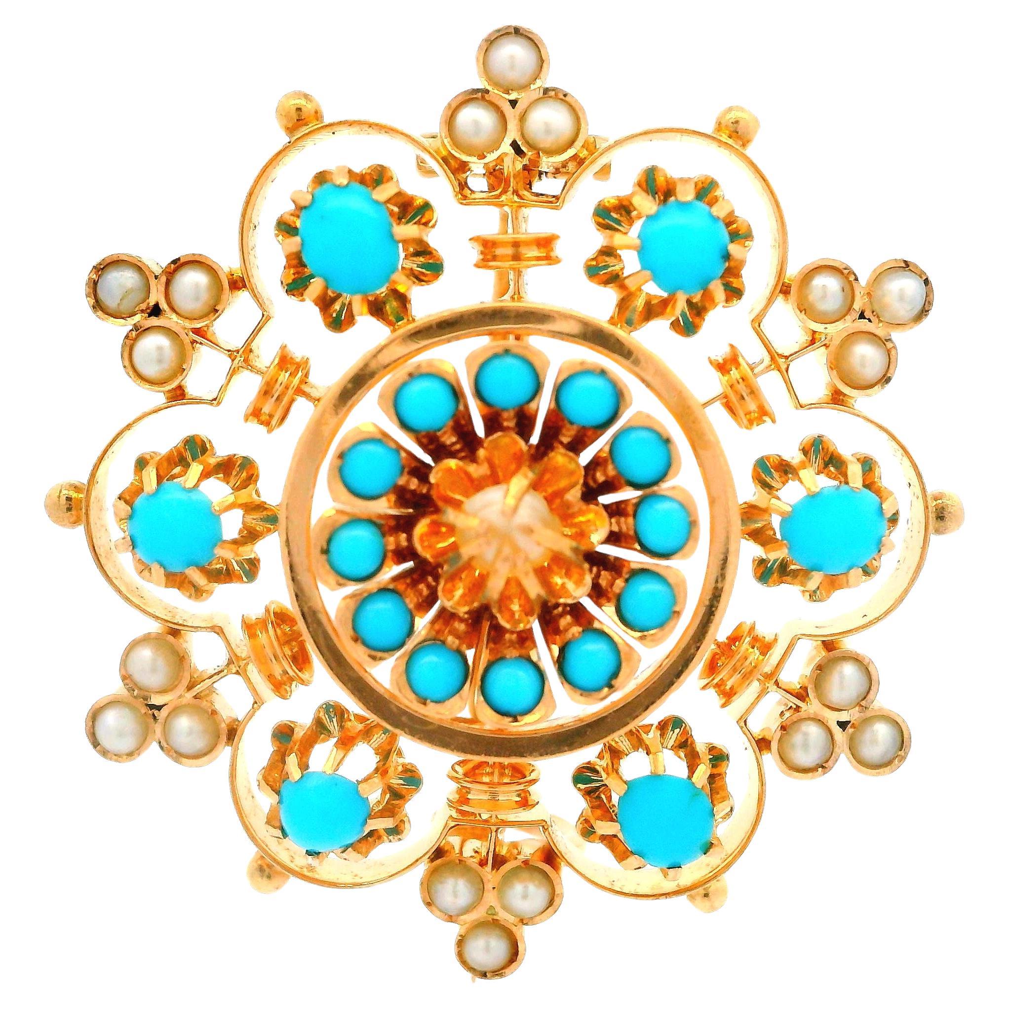 Antiguo Broche Victoriano de Oro Amarillo Rosado de 14k Perlas y Turquesa Floral