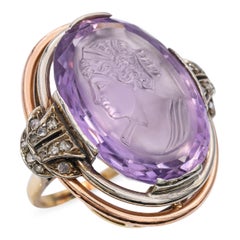 Antique Victorian 14k Tricolor Gold Amethyst Intaglio Rose Cut Diamond Ring