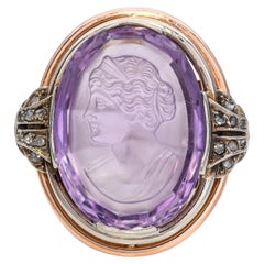 Bague victorienne ancienne en or tricolore 14k avec intaille en améthyste et diamant taillé en rose