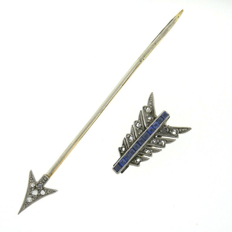 Square Cut Antique Victorian 14K Two Tone Gold 0.50ctw Sapphire & Diamond Arrow Stick Pin