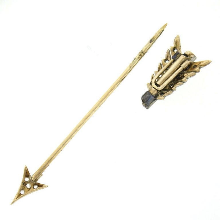 Antique Victorian 14K Two Tone Gold 0.50ctw Sapphire & Diamond Arrow Stick Pin In Good Condition In Montclair, NJ