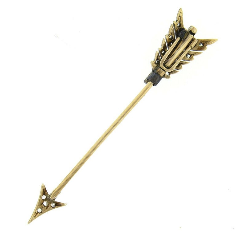 Women's or Men's Antique Victorian 14K Two Tone Gold 0.50ctw Sapphire & Diamond Arrow Stick Pin