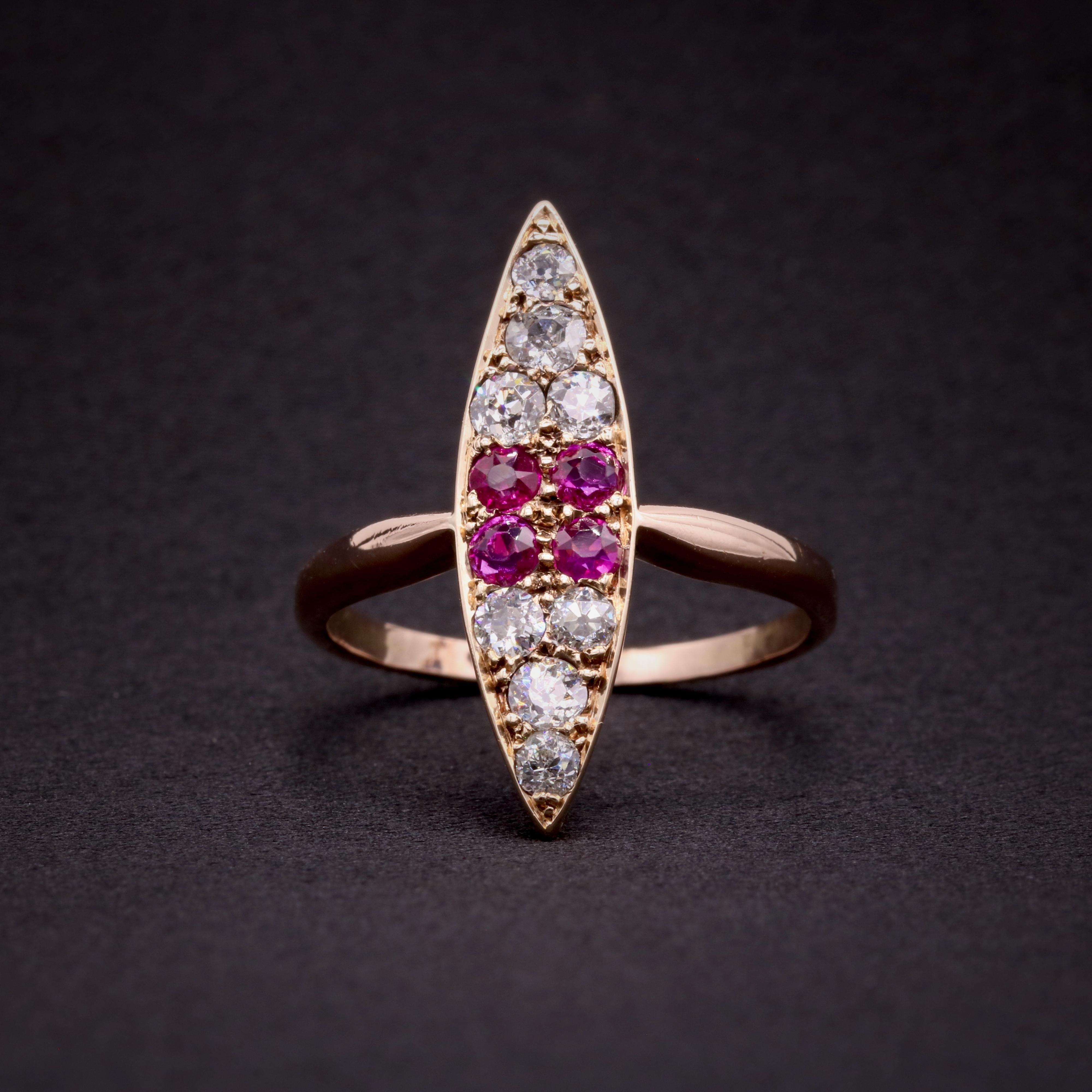A Victorian ruby, diamond, and yellow gold ring, comprising four round cut rubies, and eight old European cut diamonds, set in 14 karat yellow gold, to an 14 karat yellow gold band.

My favourite thing about this Victorian 14K Yellow Gold Ruby and