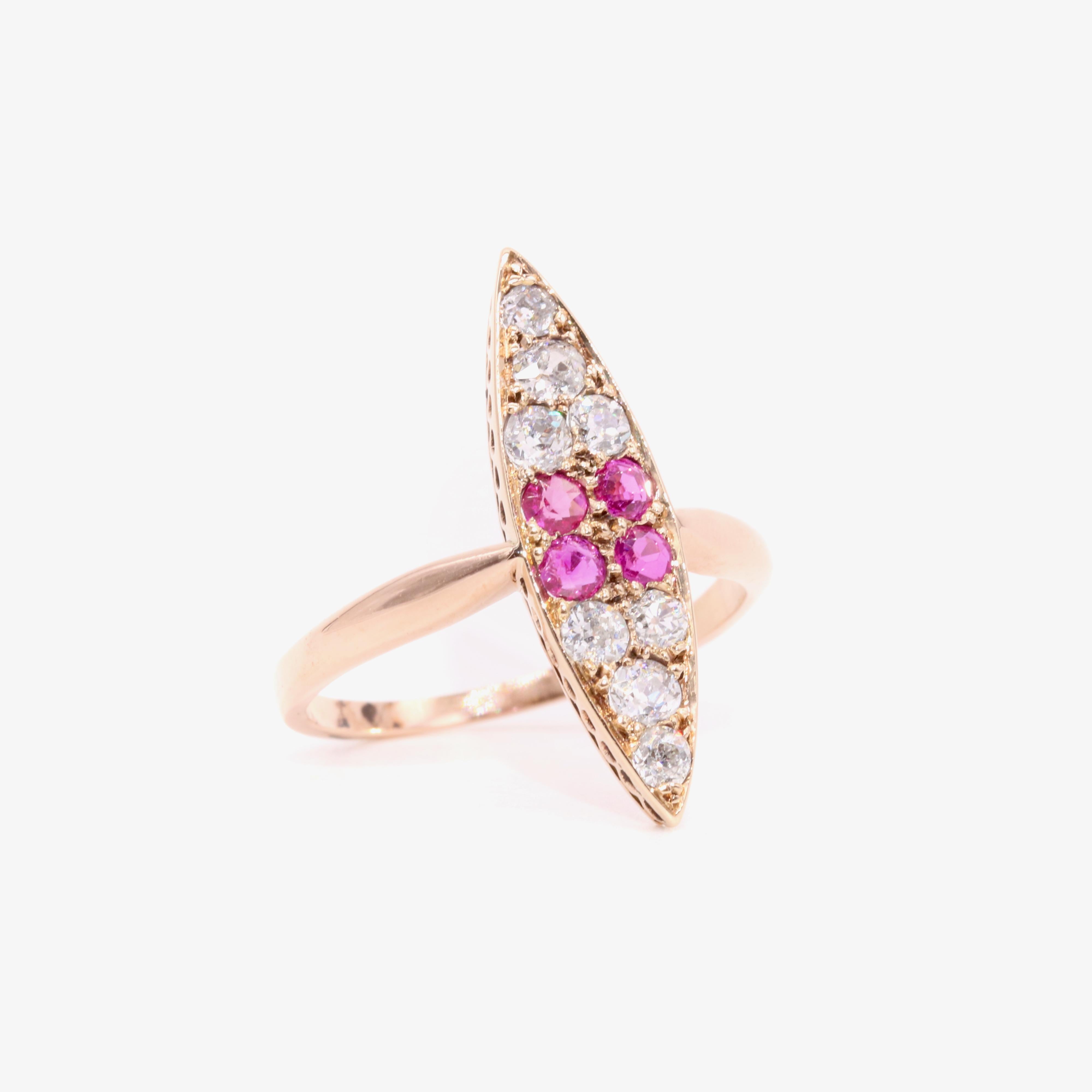 Late Victorian Antique Victorian 14K Yellow Gold 0.78tgw Ruby and Old Cut Diamond Marquise Ring For Sale