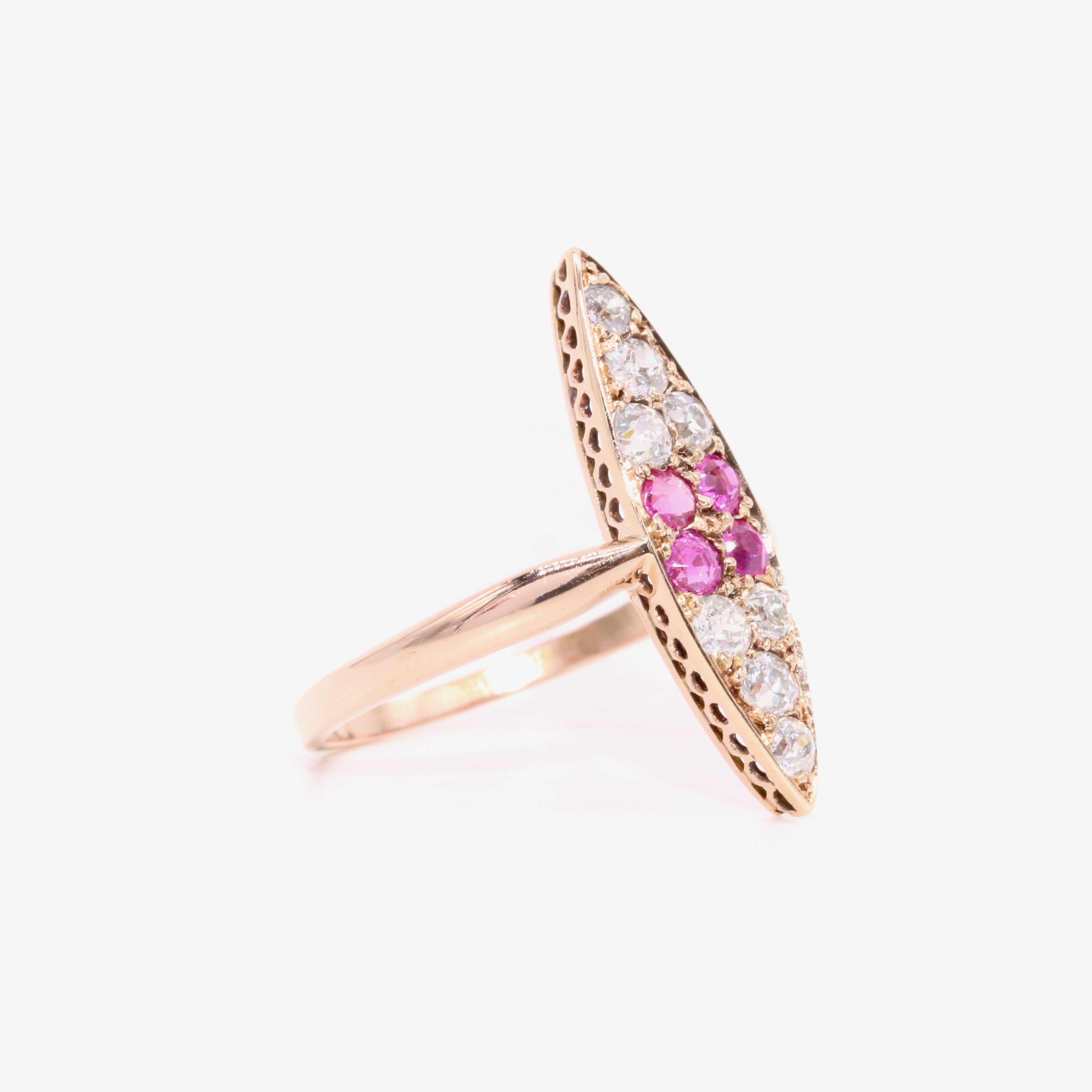 Old European Cut Antique Victorian 14K Yellow Gold 0.78tgw Ruby and Old Cut Diamond Marquise Ring For Sale