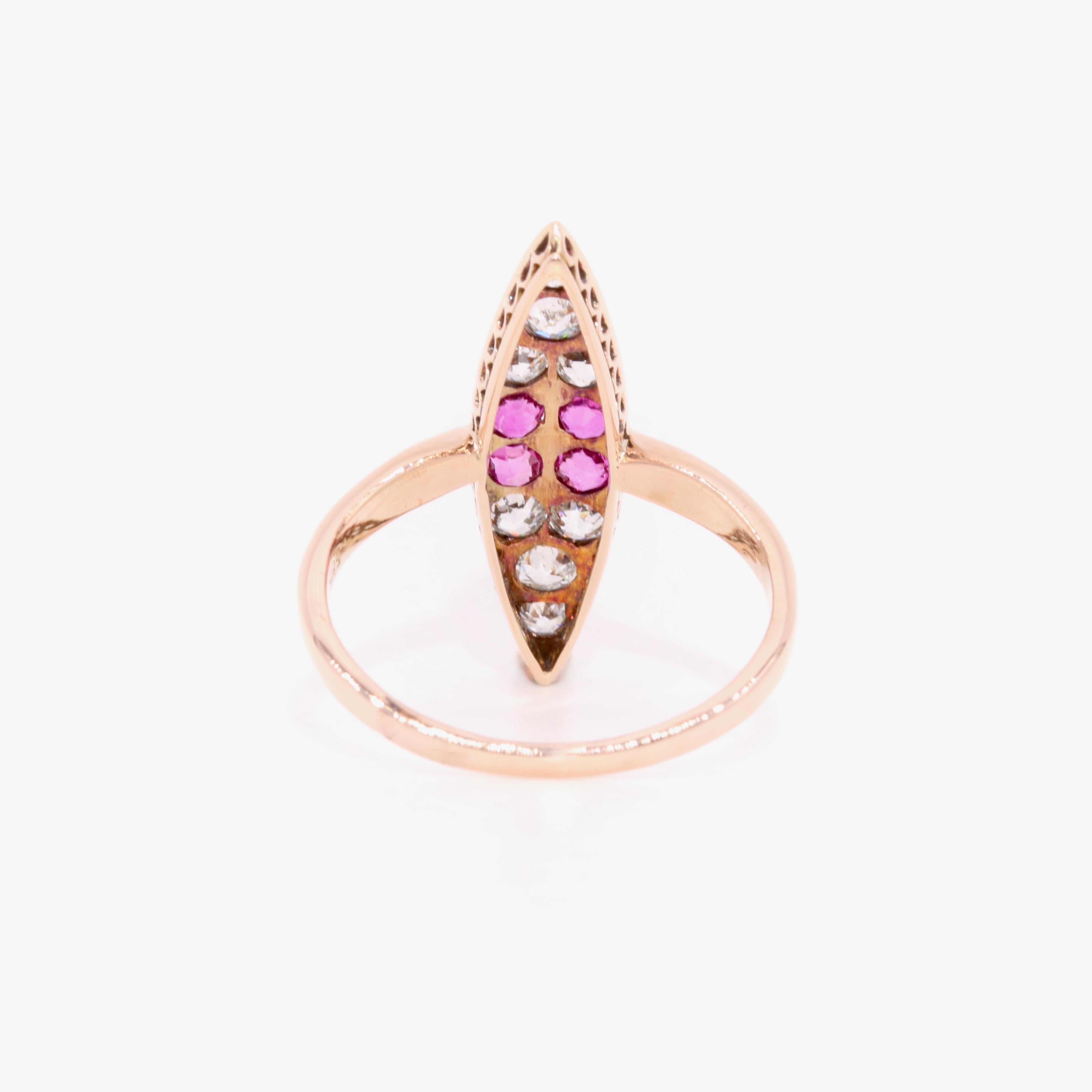 Women's or Men's Antique Victorian 14K Yellow Gold 0.78tgw Ruby and Old Cut Diamond Marquise Ring For Sale