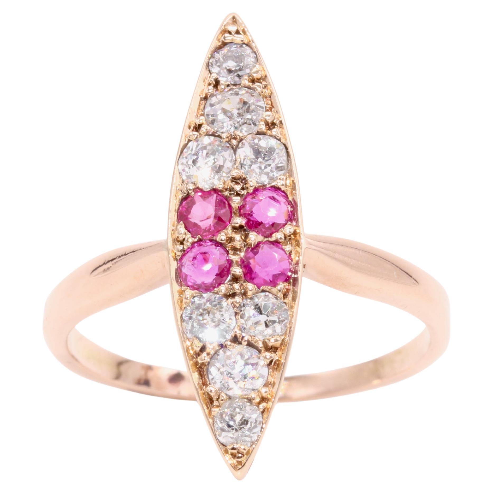 Antique Victorian 14K Yellow Gold 0.78tgw Ruby and Old Cut Diamond Marquise Ring