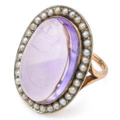 Antique Victorian 14k Yellow Gold 14.84ct Amethyst and Seed Pearl Cocktail Ring
