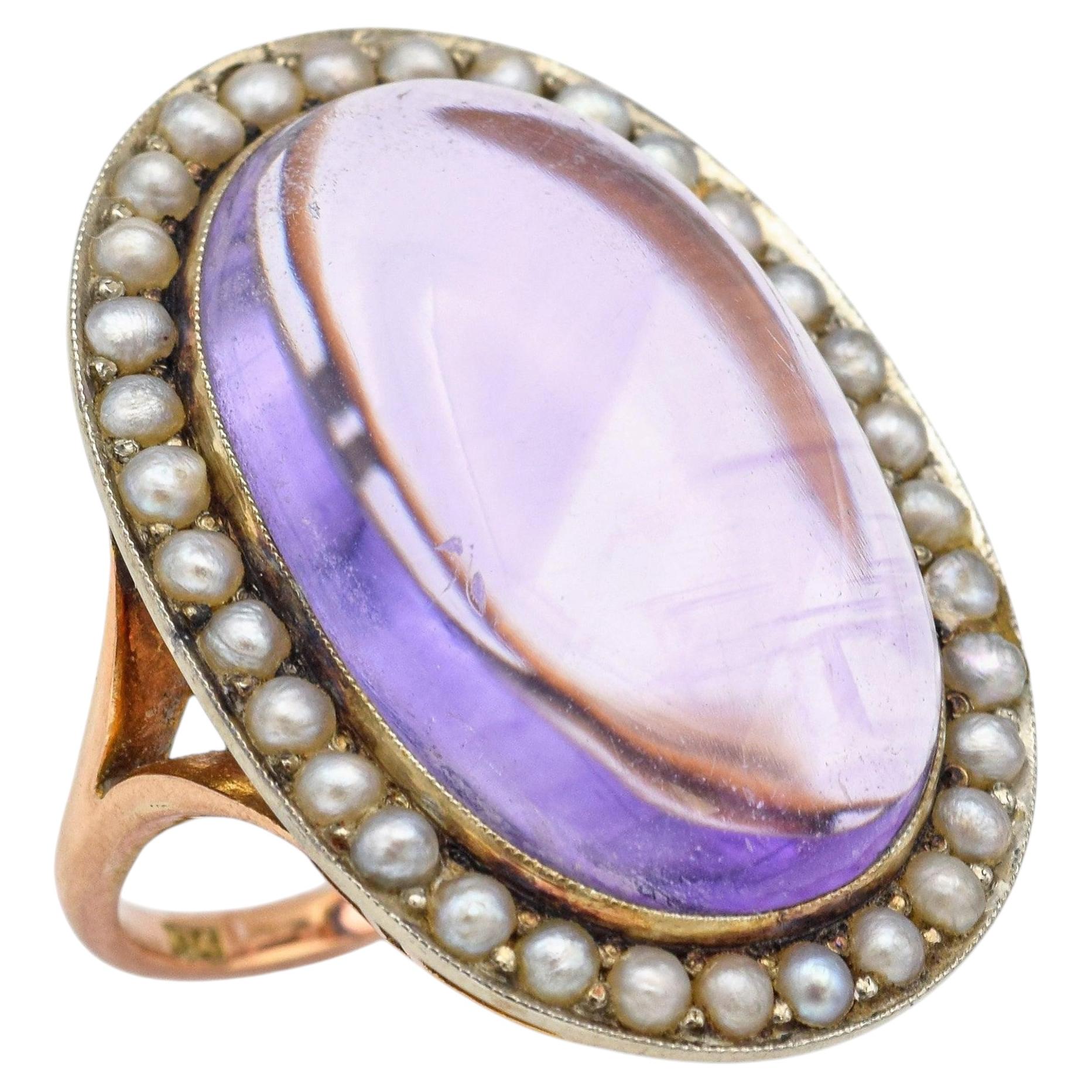 Bague cocktail victorienne ancienne en or jaune 14k de 14,84ct avec améthyste et perles de rocaille