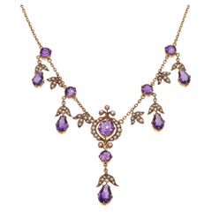 Antique Victorian 14k Yellow Gold Amethyst and Seed Pearl Necklace