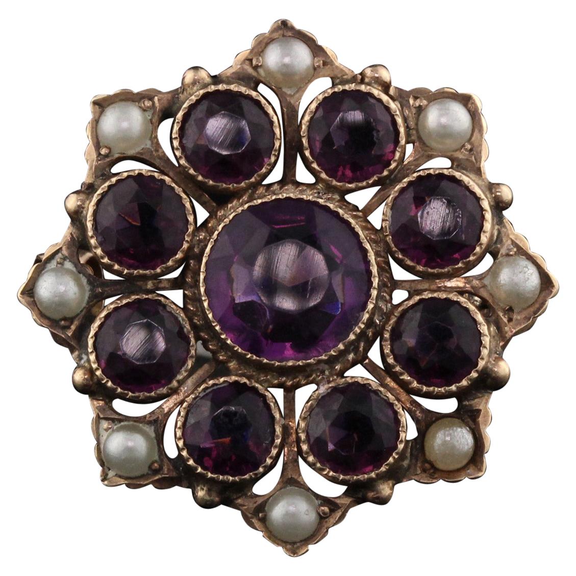 Antique Victorian 14 Karat Yellow Gold, Amethyst and Pearl Brooch