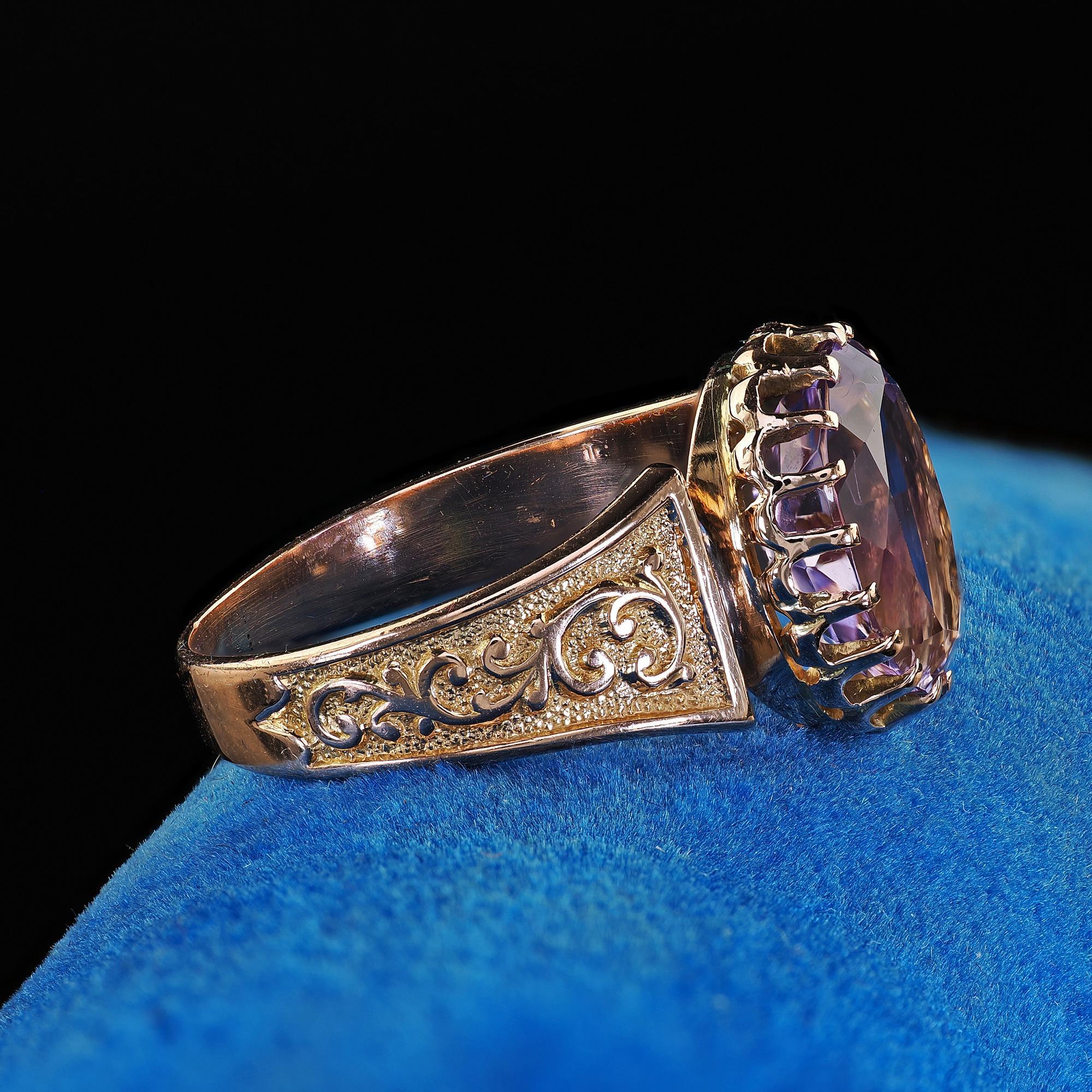 Oval Cut Antique Victorian 14K Yellow Gold Amethyst Solitaire Engraved Engagement Ring For Sale