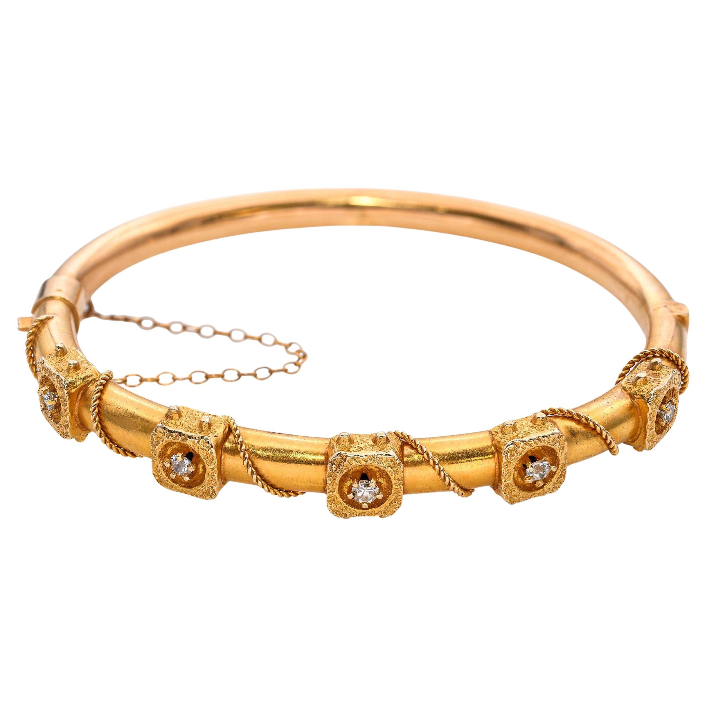 Antique Victorian 14k Yellow Gold and Diamond Rope Detail Hinged Bracelet