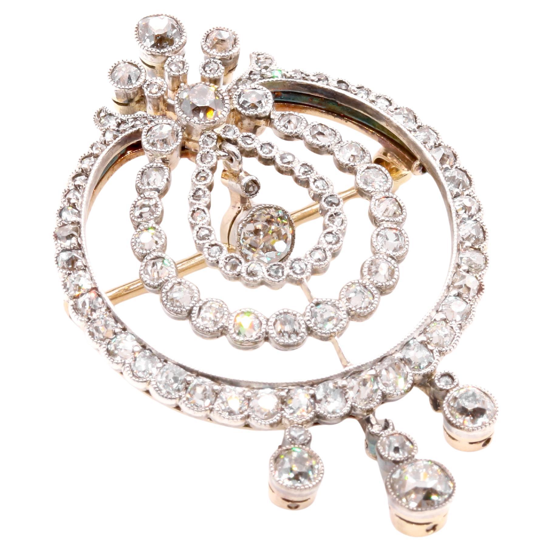 Broche victorienne ancienne en or jaune 14K et argent 4.5ctw Old Mine Cut Diamond Brooch
