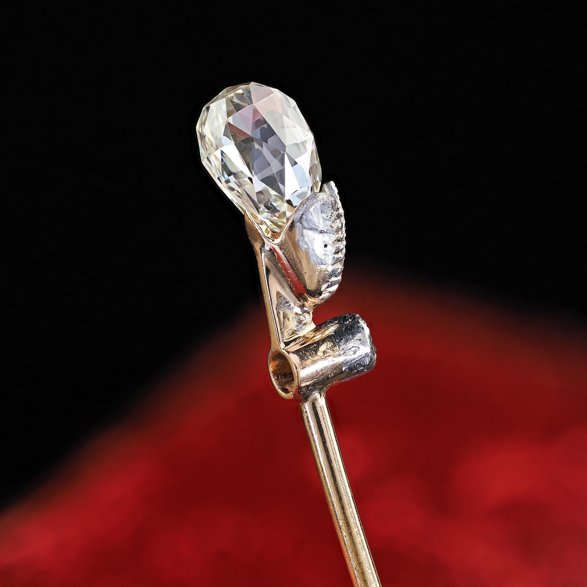 Taille briolette Ancienne épingle victorienne en or jaune 14K et argent à briolette diamantée pour bâton de torche en vente