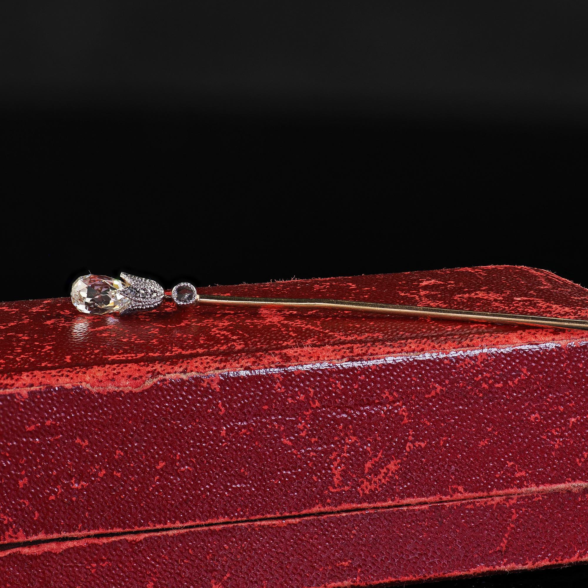 Ancienne épingle victorienne en or jaune 14K et argent à briolette diamantée pour bâton de torche Bon état - En vente à Great Neck, NY