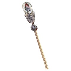 Antique Victorian 14K Yellow Gold and Silver Diamond Briolette Torch Stick Pin