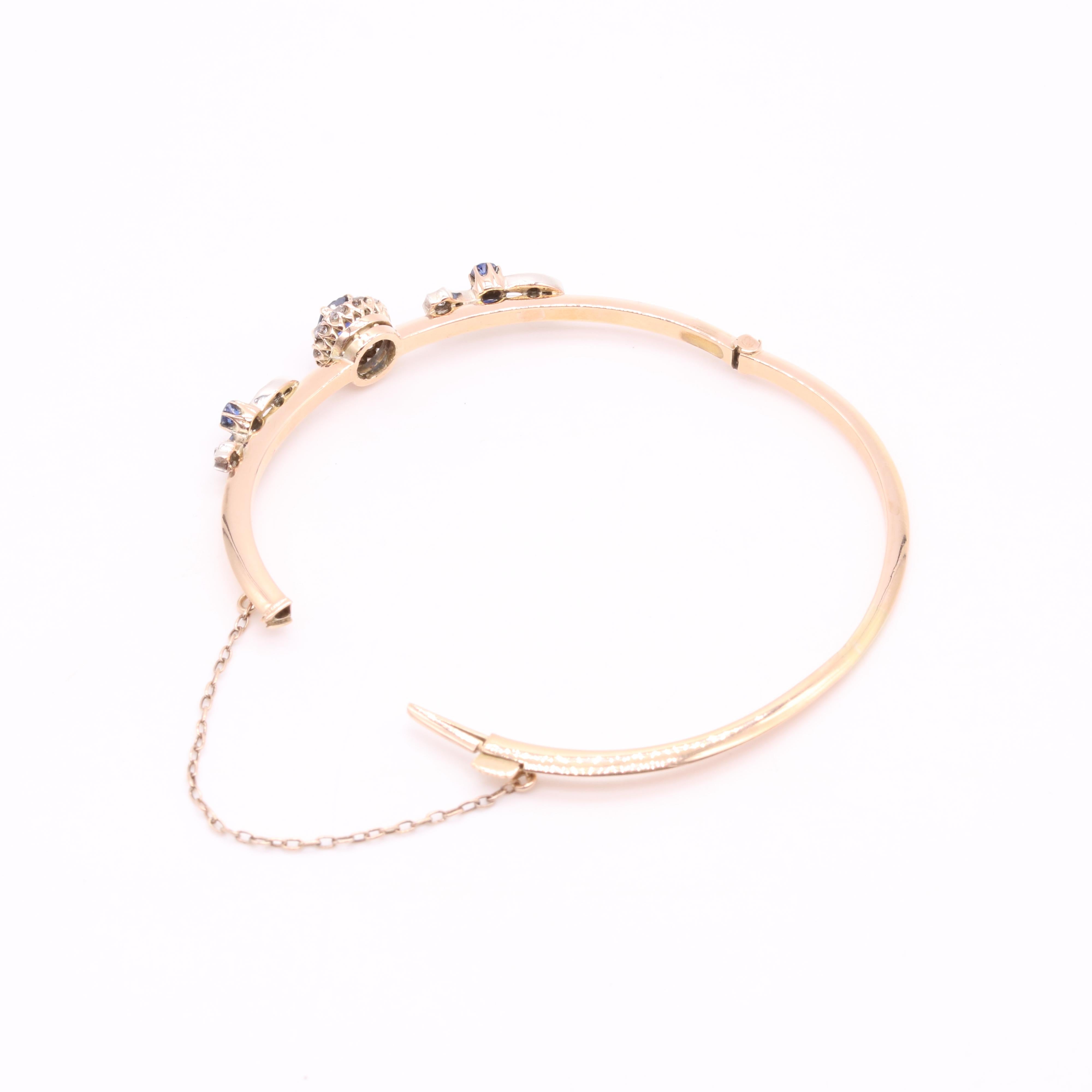 Antique Victorian 14K Yellow Gold and Silver Sapphire and Old Cut Diamond Daisy For Sale 5
