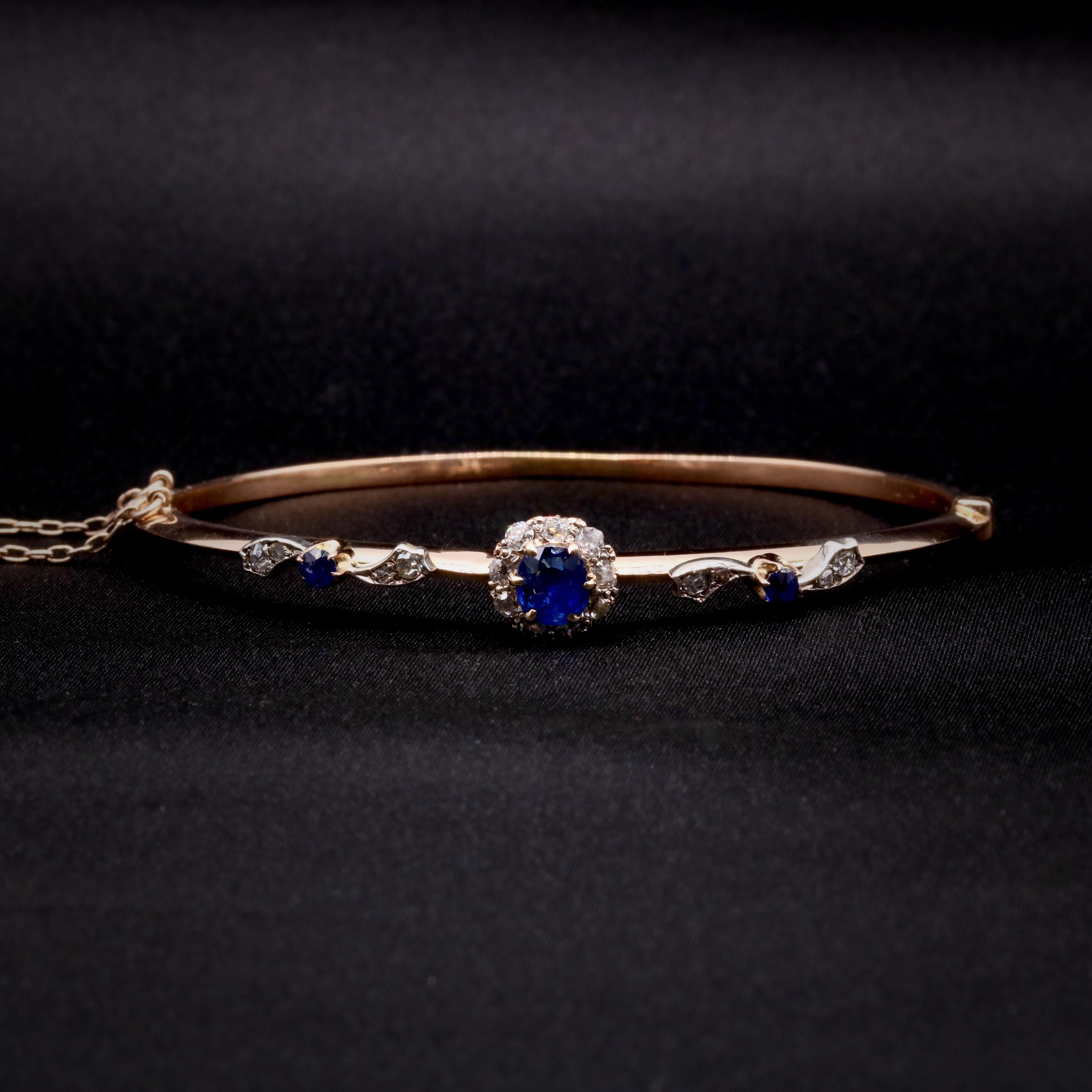 Cushion Cut Antique Victorian 14K Yellow Gold and Silver Sapphire and Old Cut Diamond Daisy For Sale