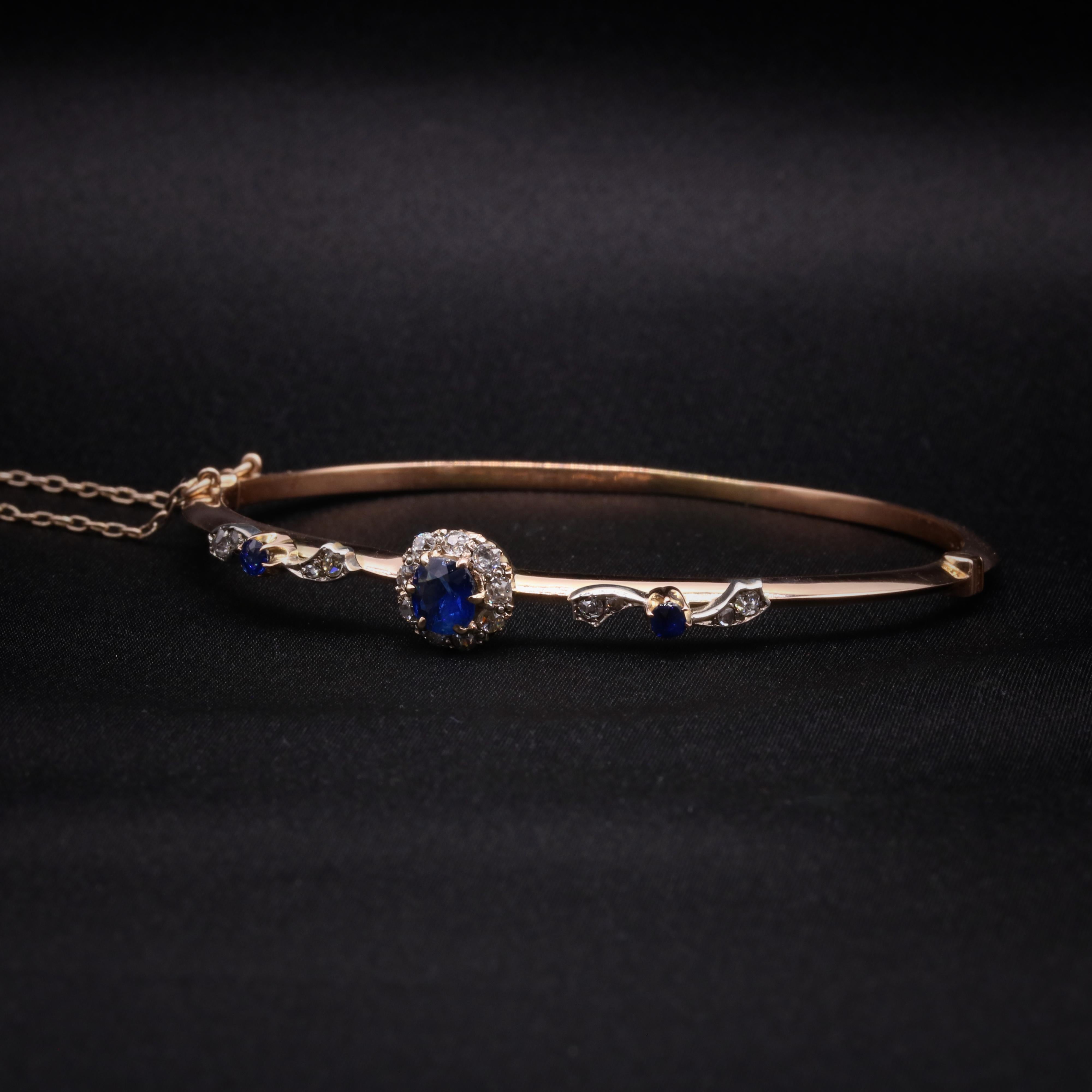 Antique Victorian 14K Yellow Gold and Silver Sapphire and Old Cut Diamond Daisy For Sale 1