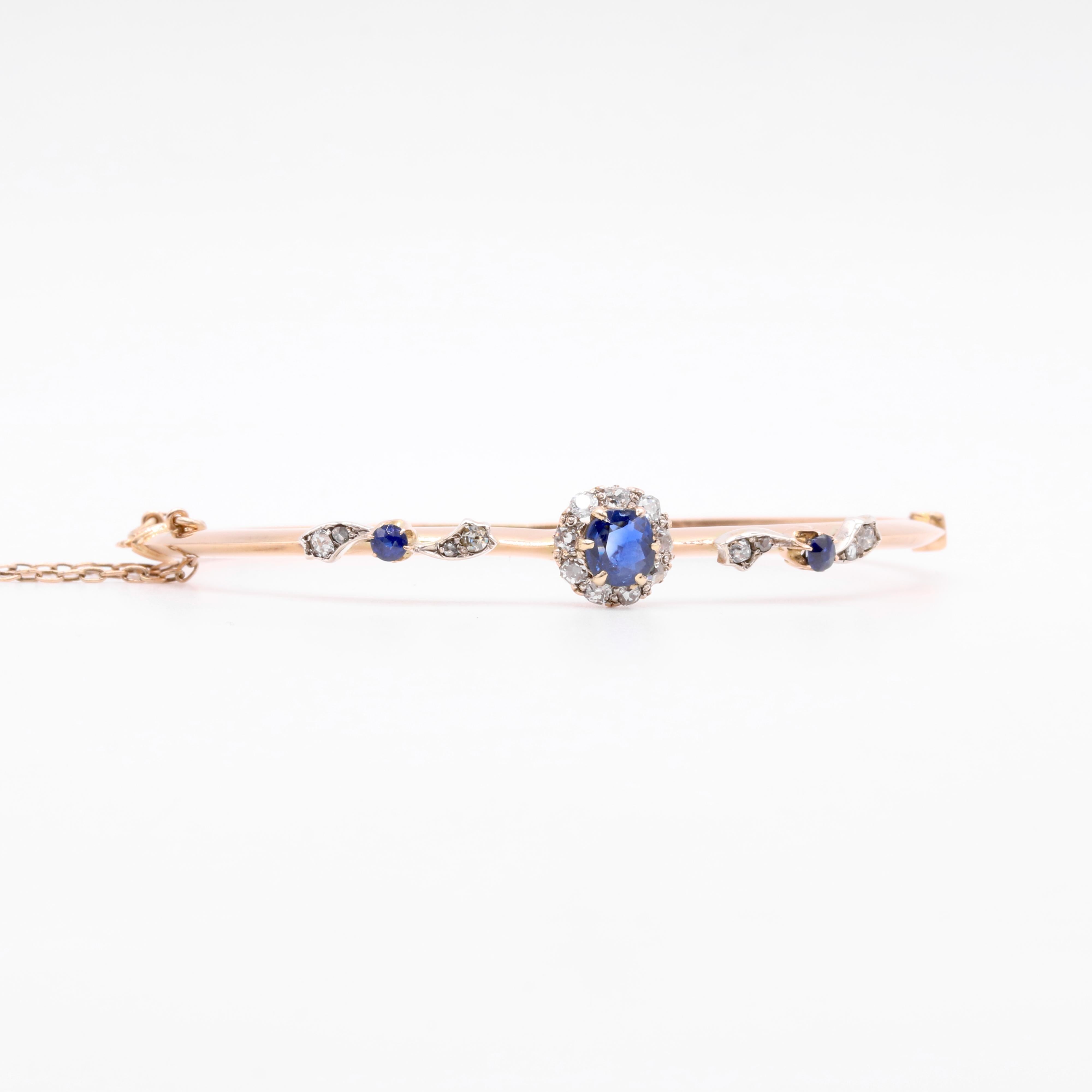 Antique Victorian 14K Yellow Gold and Silver Sapphire and Old Cut Diamond Daisy For Sale 2