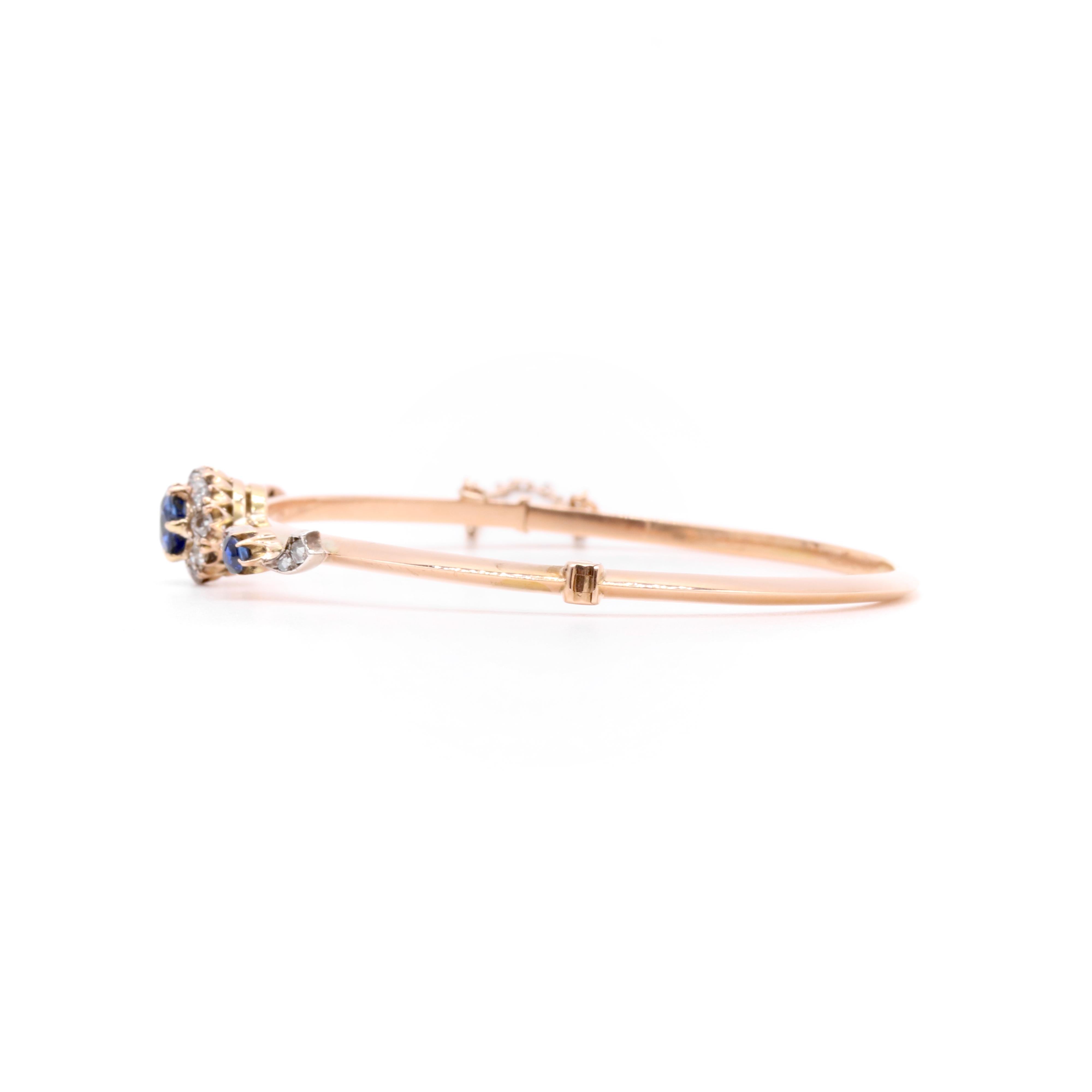 Antique Victorian 14K Yellow Gold and Silver Sapphire and Old Cut Diamond Daisy For Sale 3