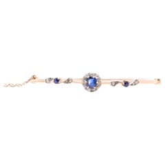 Antique Victorian 14K Yellow Gold and Silver Sapphire and Old Cut Diamond Daisy