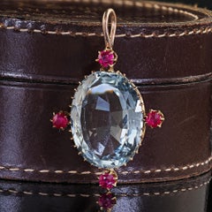 Antique Victorian 14K Yellow Gold Aquamarine and Burma Ruby Drop Pendant