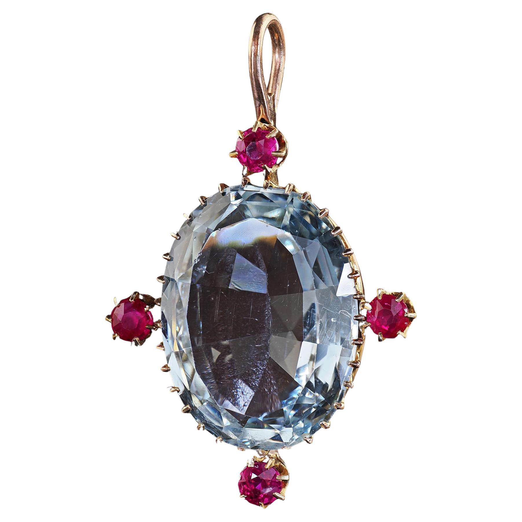 Antique Victorian 14K Yellow Gold Aquamarine and Burma Ruby Drop Pendant