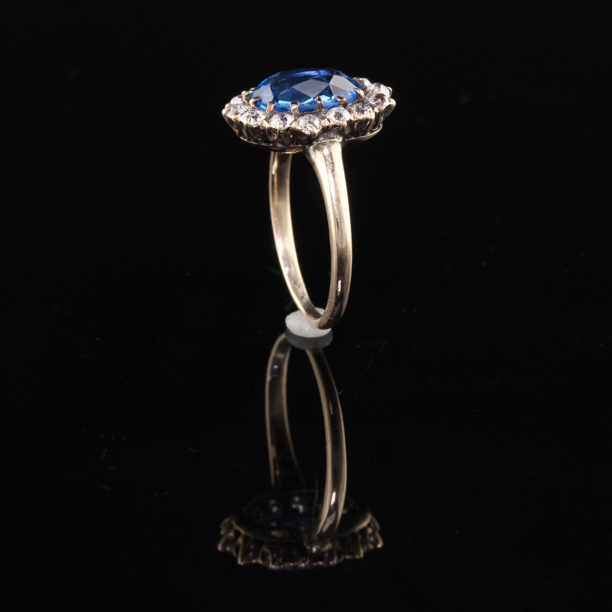 Antique Victorian 14 Karat Yellow Gold Blue Spinel and Diamond Cluster Ring In Good Condition In Great Neck, NY